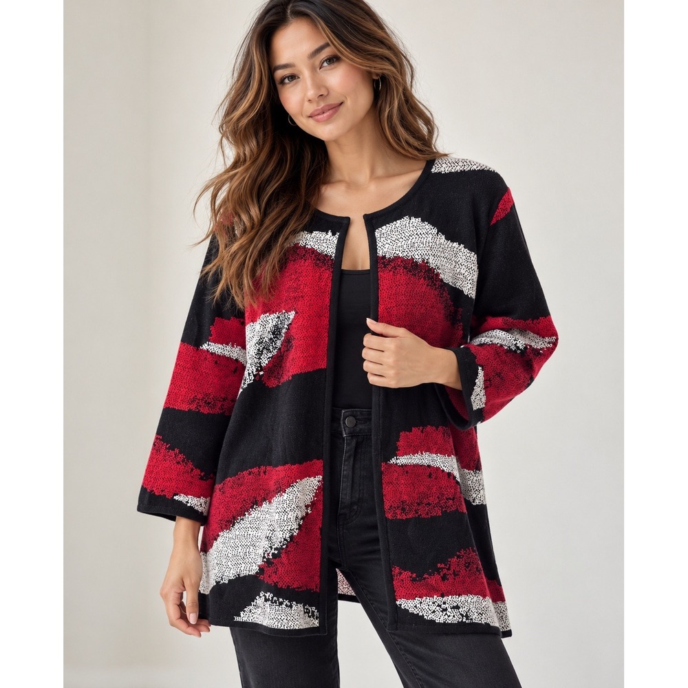 Kasper Abstract Print Cardigan Long Duster Layering Art Deco Modern Classic 1X